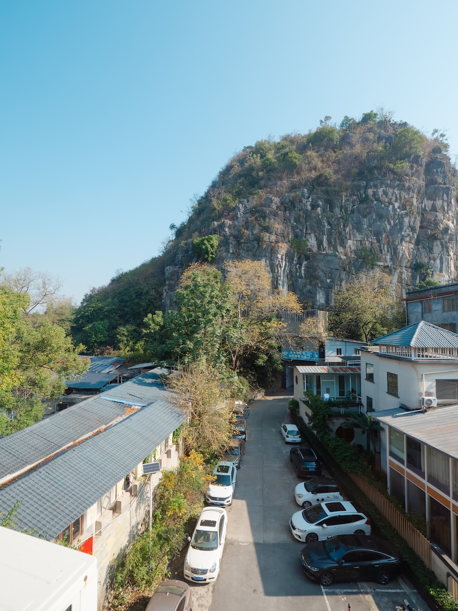 View of Guilin karst mountains from a student room window at the CLI Center
