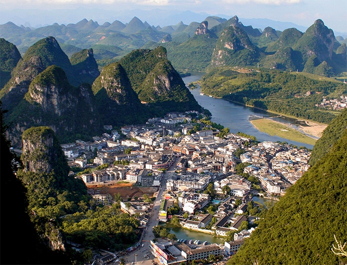 view of Yangshuo and surrounding karst mountains