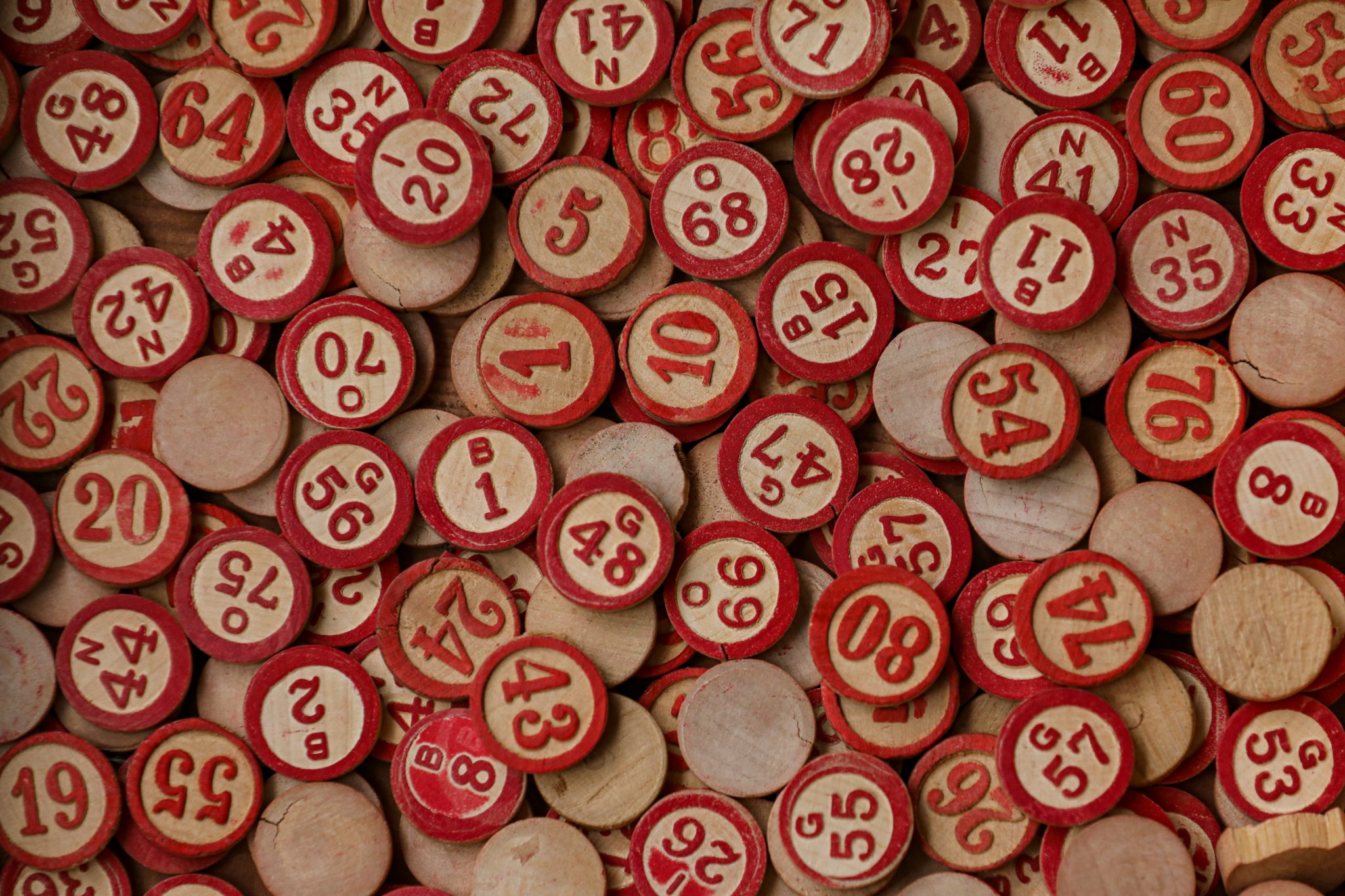Red Bingo tiles with numbers on them