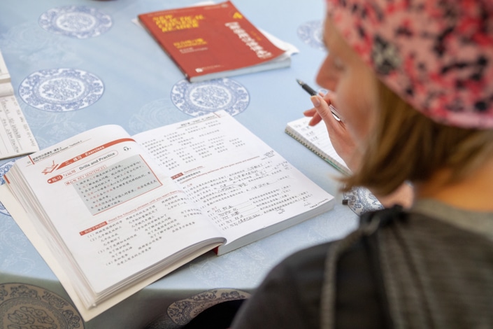 a student holding a pen studying with the help of Chinese textbooks