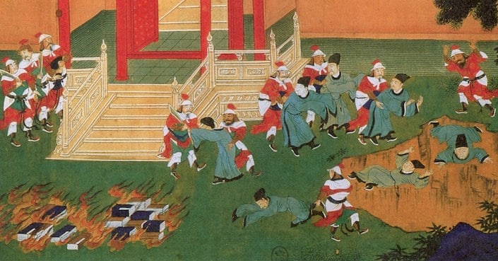 una pintura tradicional china que muestra la quema de libros y los eruditos confucianos chinos arrojados a un pozo