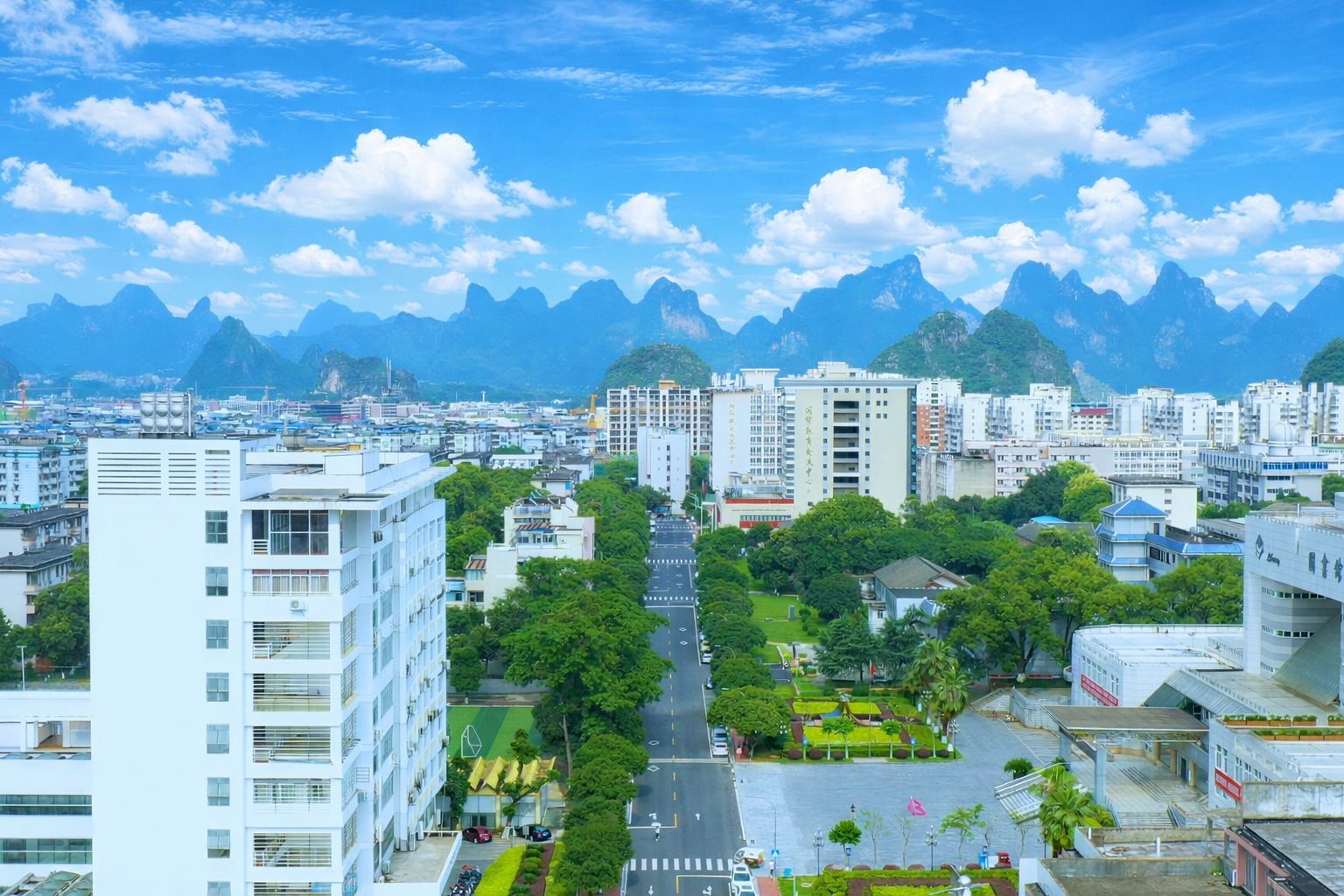 Aerial view of the Guangxi Normal University campus in Guilin: a tree-lined road between white buildings, with karst peaks rising behind the city