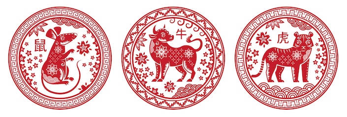 Round, red pictures of Chinese zodiac animals (rat, ox and tiger)