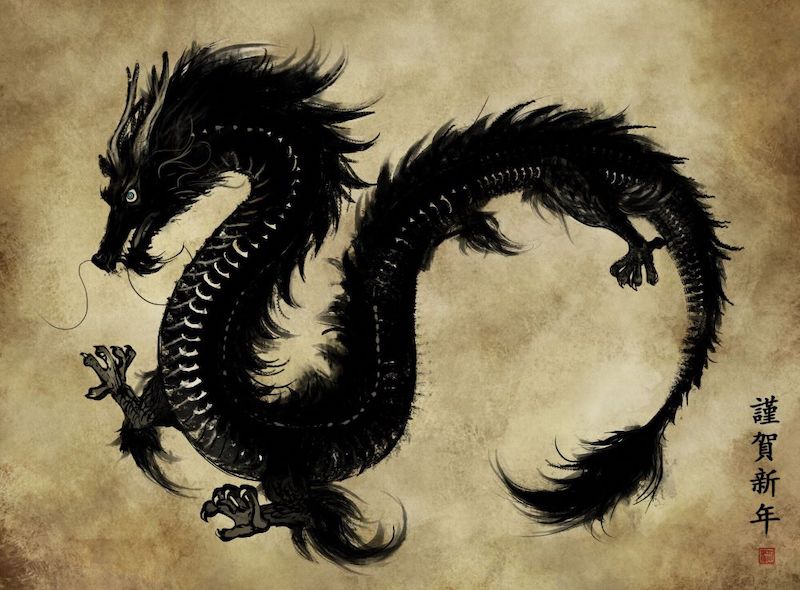 De zwarte Chinese draak afgebeeld.