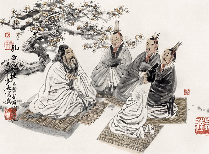 매트에 앉아 있는 공자와 네 명의 학생의 전통 그림