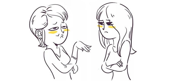 drawing of two unhappy women having a discussion