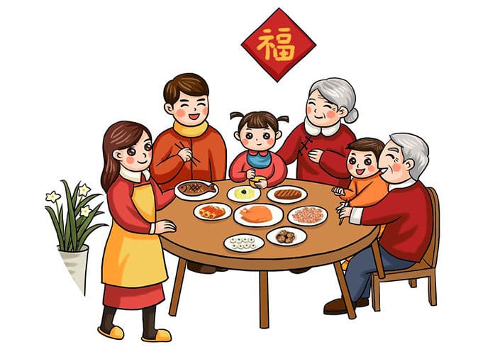 un gráfico que muestra a tres generaciones de una familia china disfrutando de una cena de cumpleaños