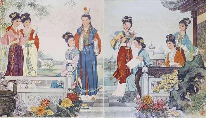 un grupo de personas con vestimenta antigua usa proverbios chinos sobre la familia en una conversación