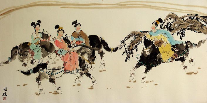 a Tang dynasty Chinese painting depicting women riding horses