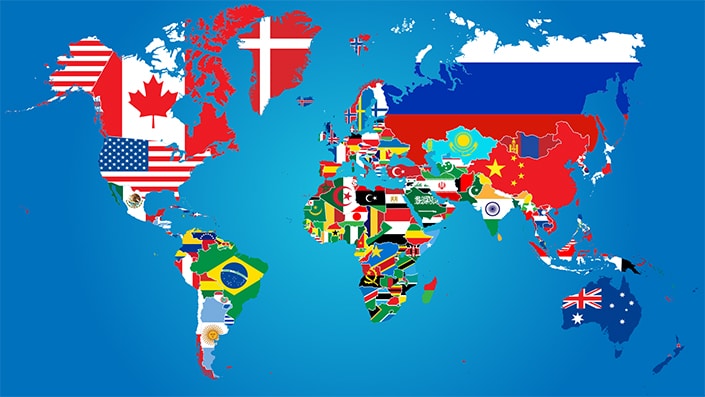 world map with country flags over each country