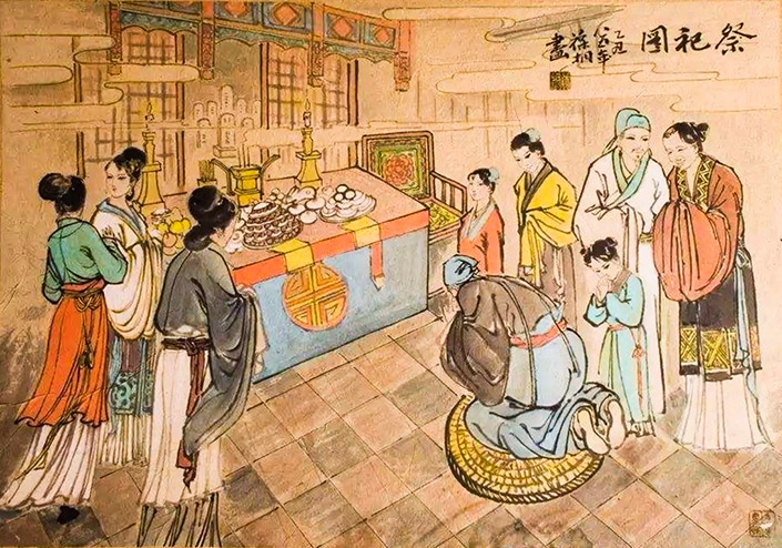 un homme s'agenouille devant un autel pendant que les membres de la famille regardent