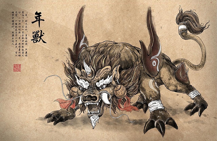 a drawing of the Chinese Nian monster