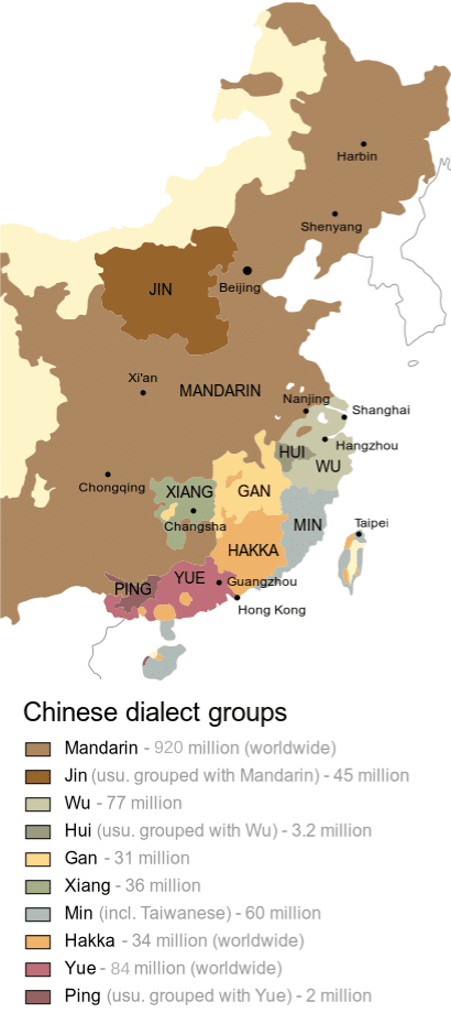 地图显示了包括普通话和粤语在内的各种中国方言群体的位置