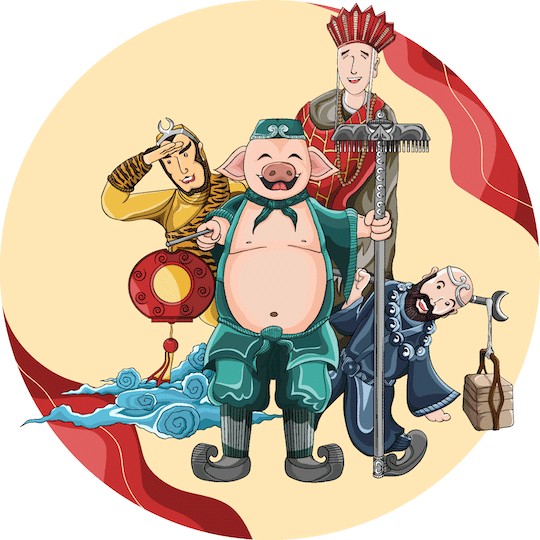 Cuatro personajes de China viajan hacia el oeste.