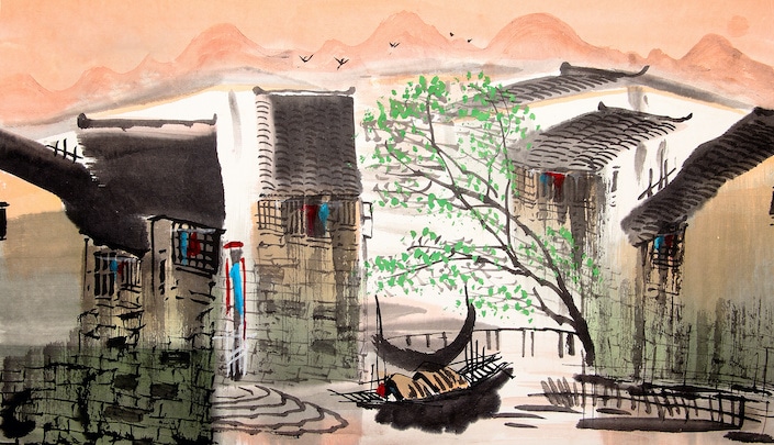 중국 그림 물의 마을
