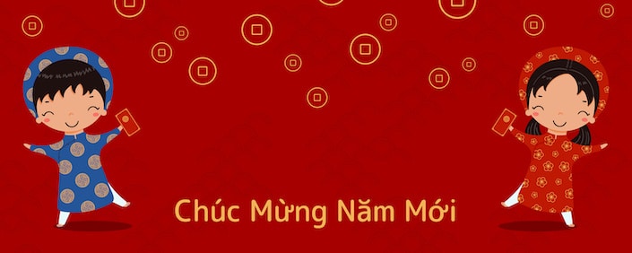 하단에 베트남 문자가 있는 빨간 봉투를 들고 빨간색 배경에 대해 전통 의상을 입은 소년과 소녀를 보여주는 그래픽
