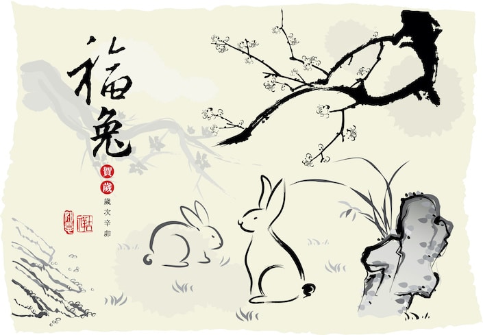 une peinture à l'encre représentant deux lapins dans une scène en plein air avec des arbres en fleurs, des rochers et de l'herbe