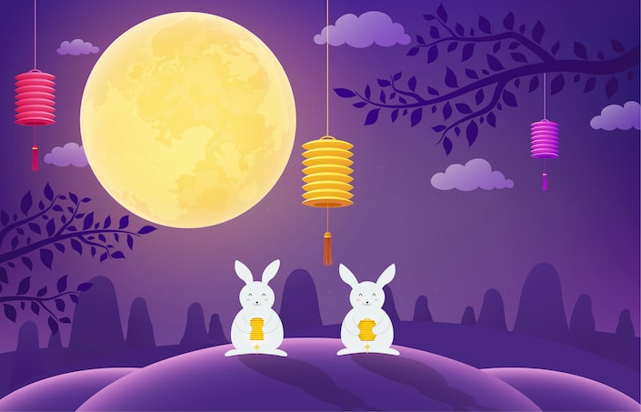 Dos conejos blancos sobre fondo morado que representan una escena nocturna con luna llena