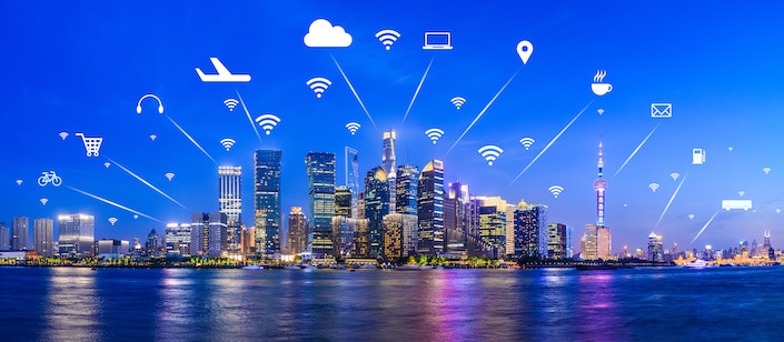 5G network wireless systems and internet of things with modern city skyline of Shanghai, China