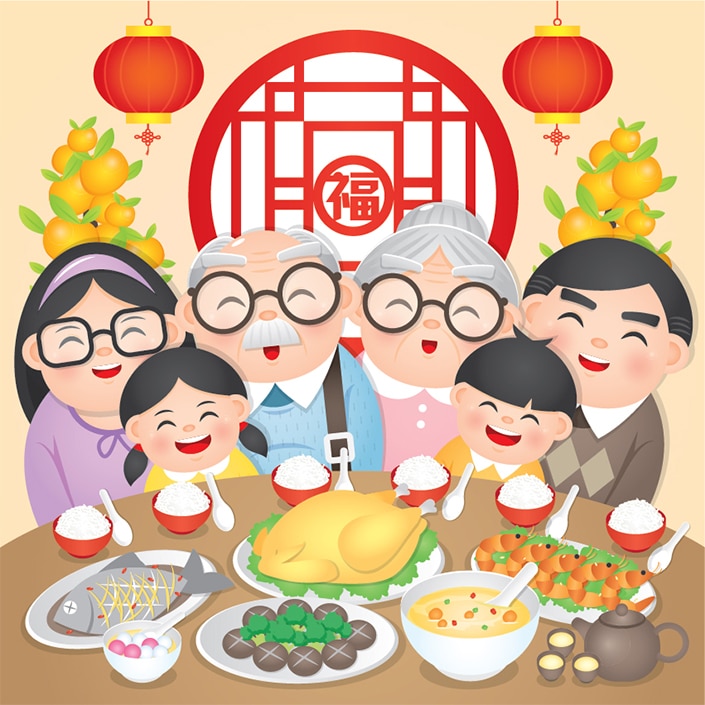 drawing of chinese family celebrating with a dinner meal with foot and rice bowls on the table and red lanterns hanging from above