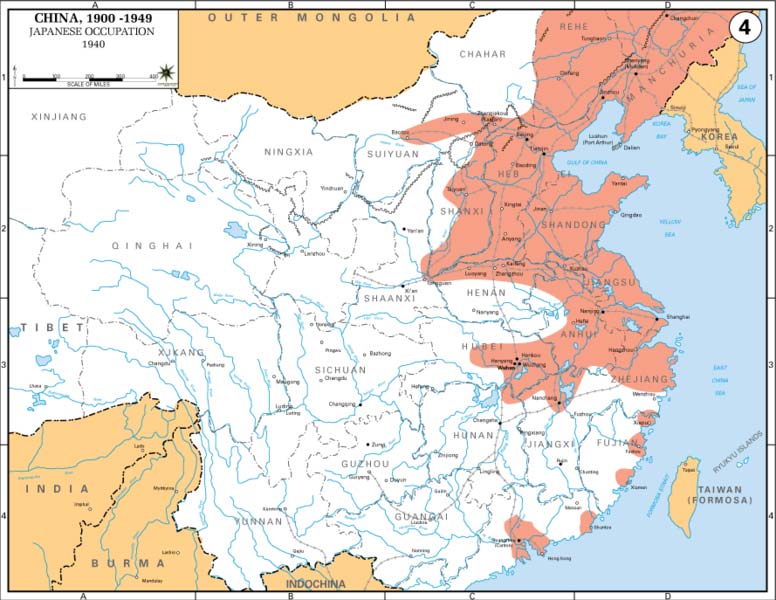 une carte montrant le territoire occupé par les Japonais en Chine en 1940