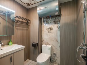 A renovated bathroom with a sink, toilet and shower