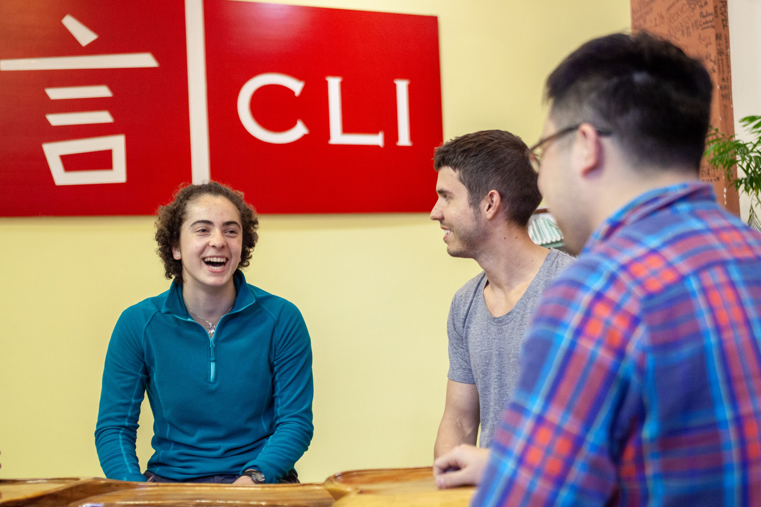 Laughing conversation beneath CLI sign