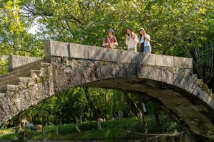 Visitors stand on top of an old arched stone bridge among trees