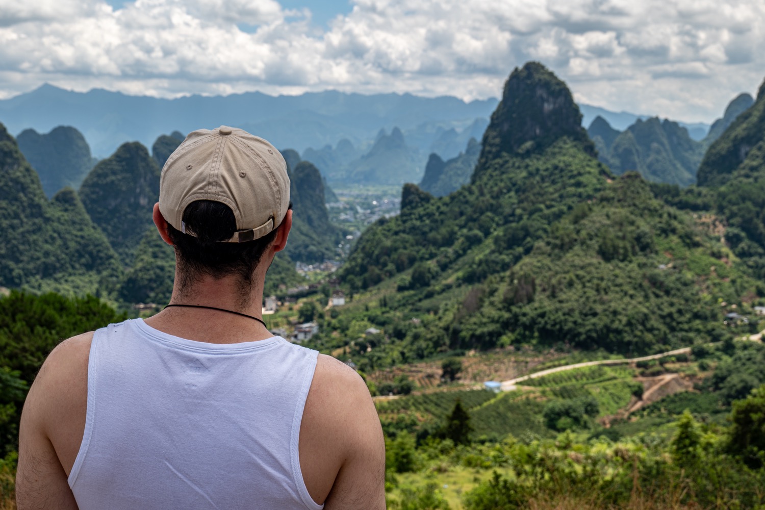 Student overlooking karst mountains