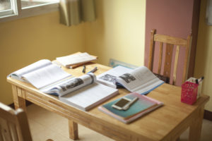 Open textbooks and notebooks lie on a wooden study table by a window