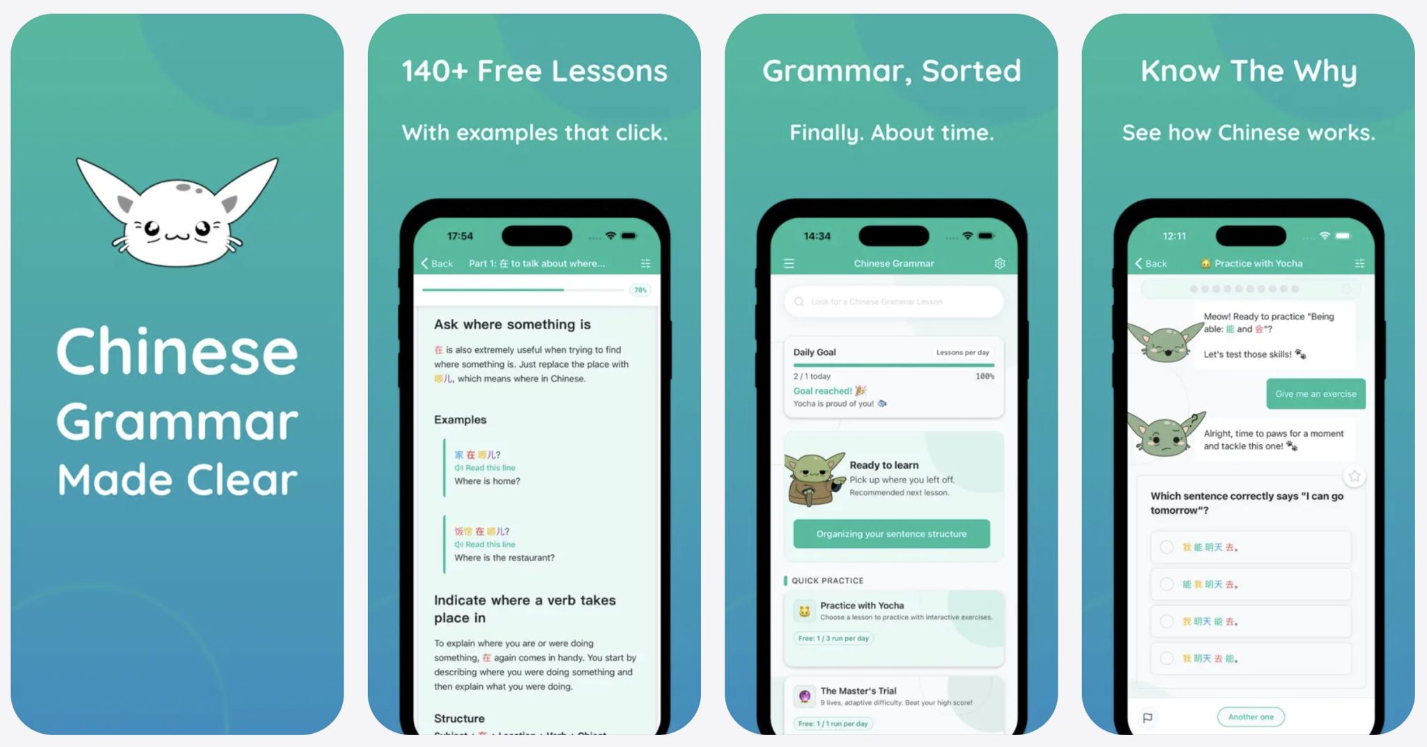 Yocha Chinese grammar app lesson screen on iPhone
